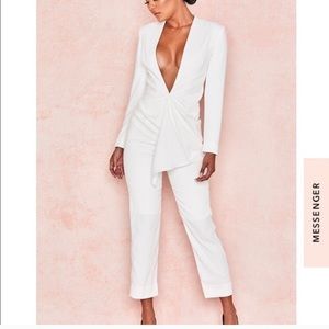 White plunge drape jumpsuit